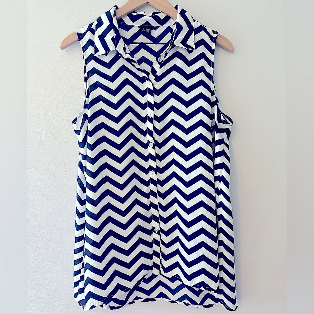 Blue and White Chevron Button Up Blouse